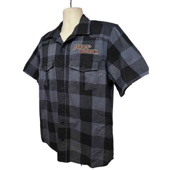 Harley Davidson Mechanic Garage Plaid Gray Black Button Up Shirt Large Pockets - Picture 3 of 8